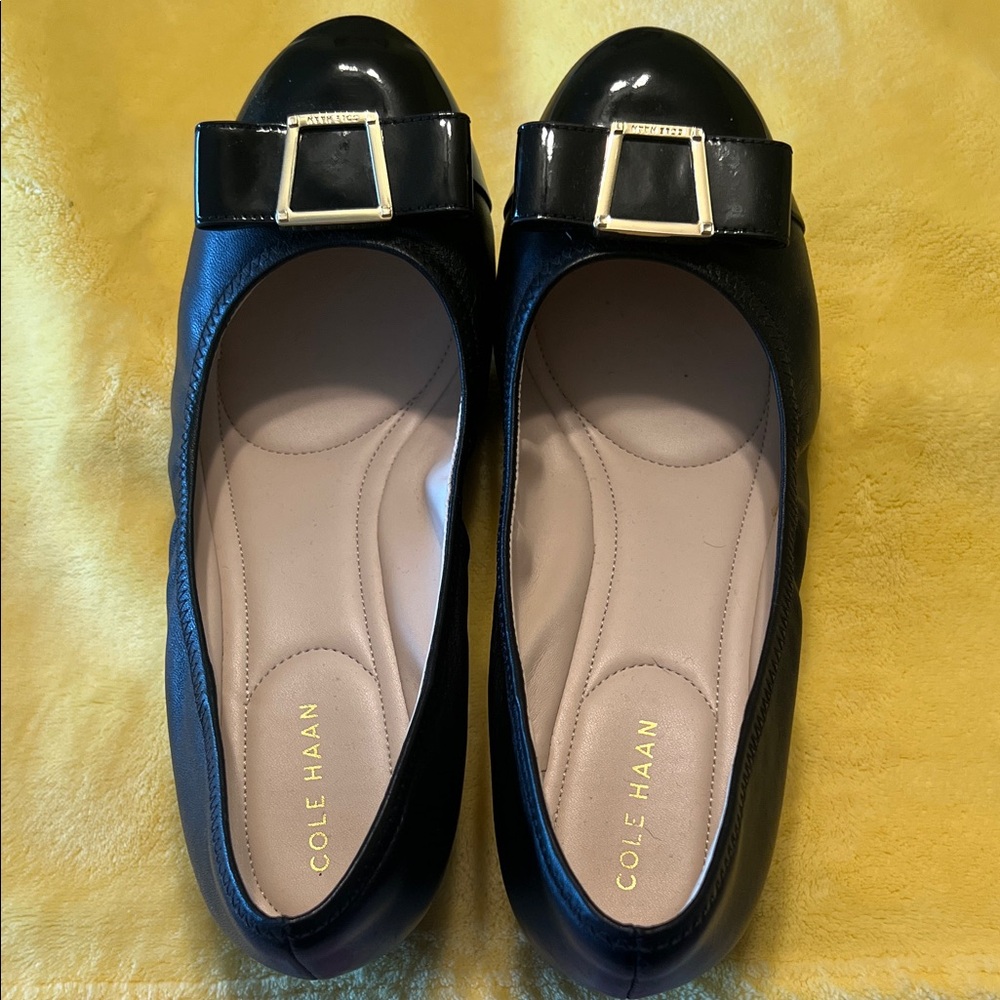 Cole Haan Black Flats with Gold Buckle and patent leather toe